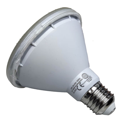 White PAR38 light bulb on a white background