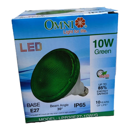 Box of Omni LED green light bulb on a white background