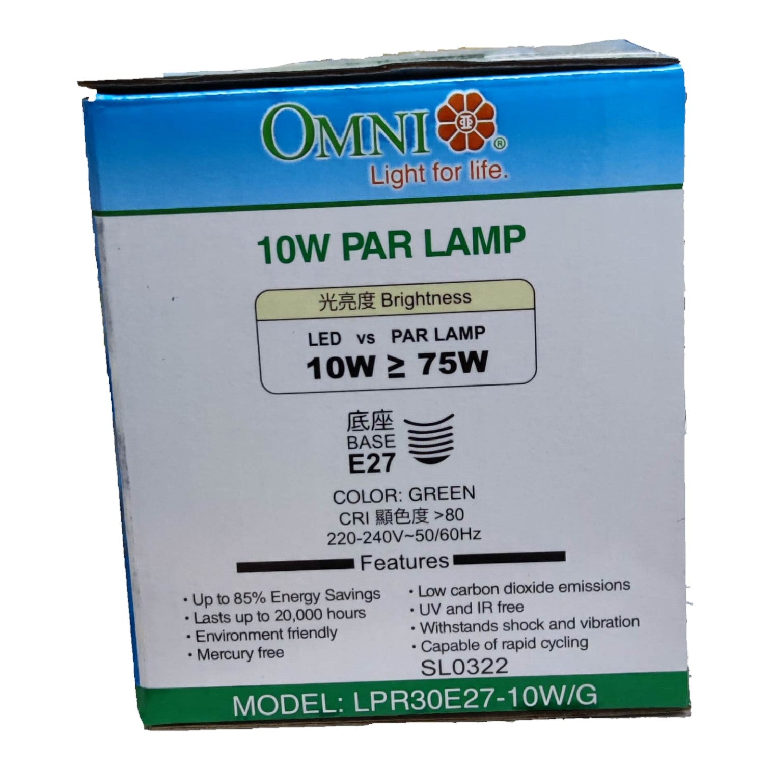 Box of Omni 10W PAR lamp with specifications on a white background