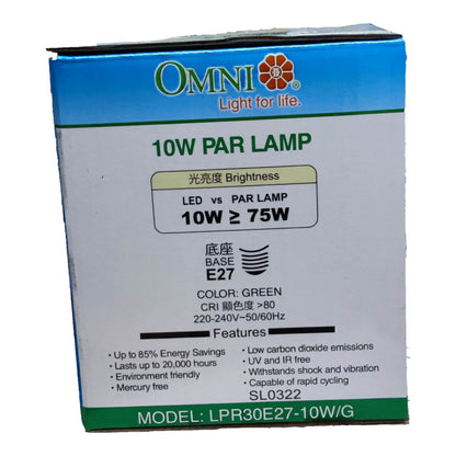 Box of Omni 10W PAR lamp with specifications on a white background