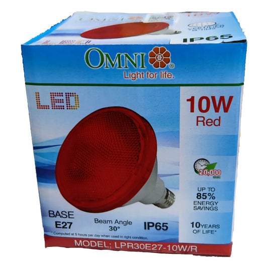Box of Omni LED red light bulb with specifications on a white background