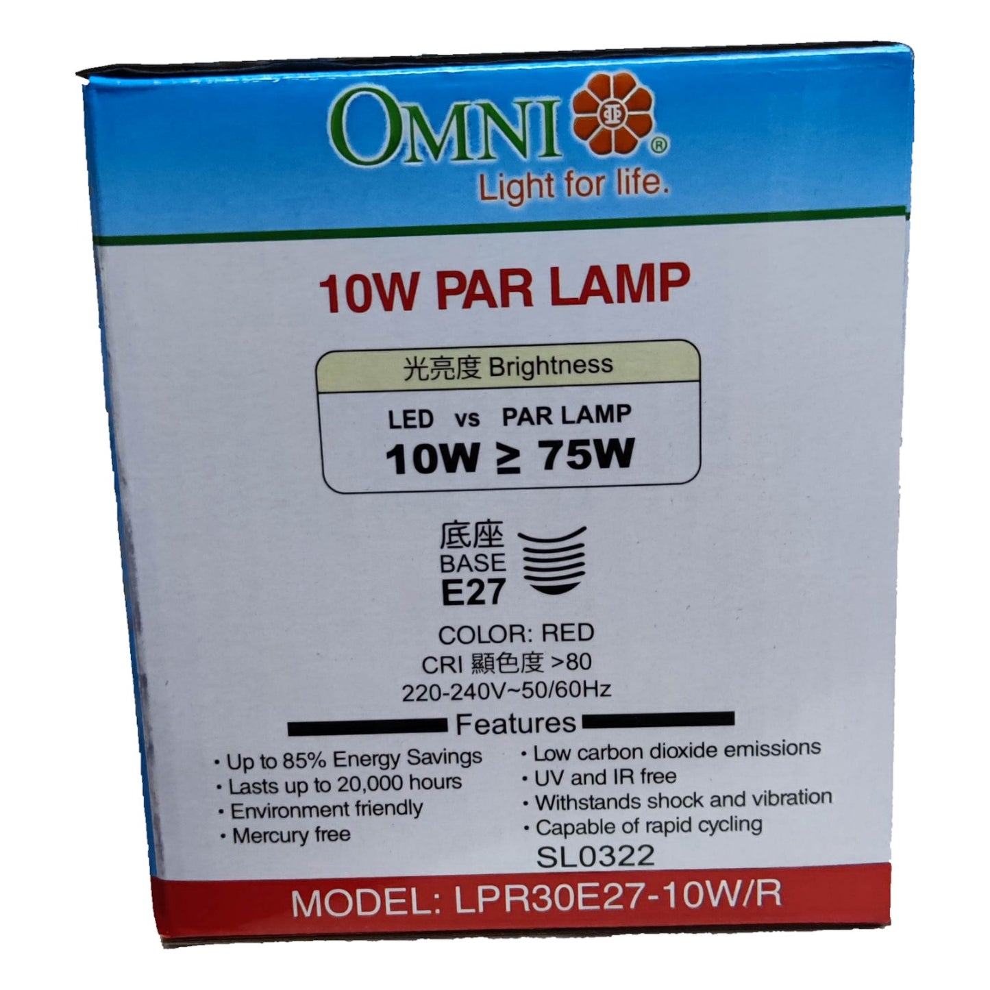 Box of Omni 10W PAR lamp with specifications on a white background