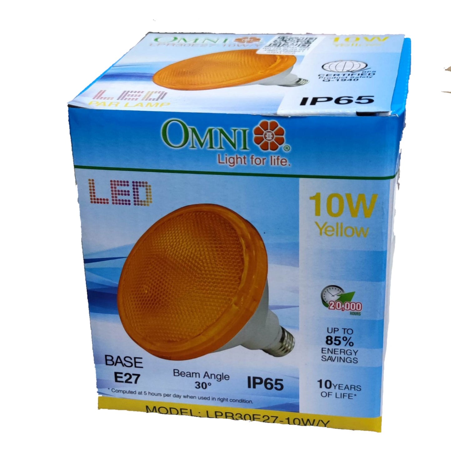 Box of Omni LED light bulb with specifications on a white background