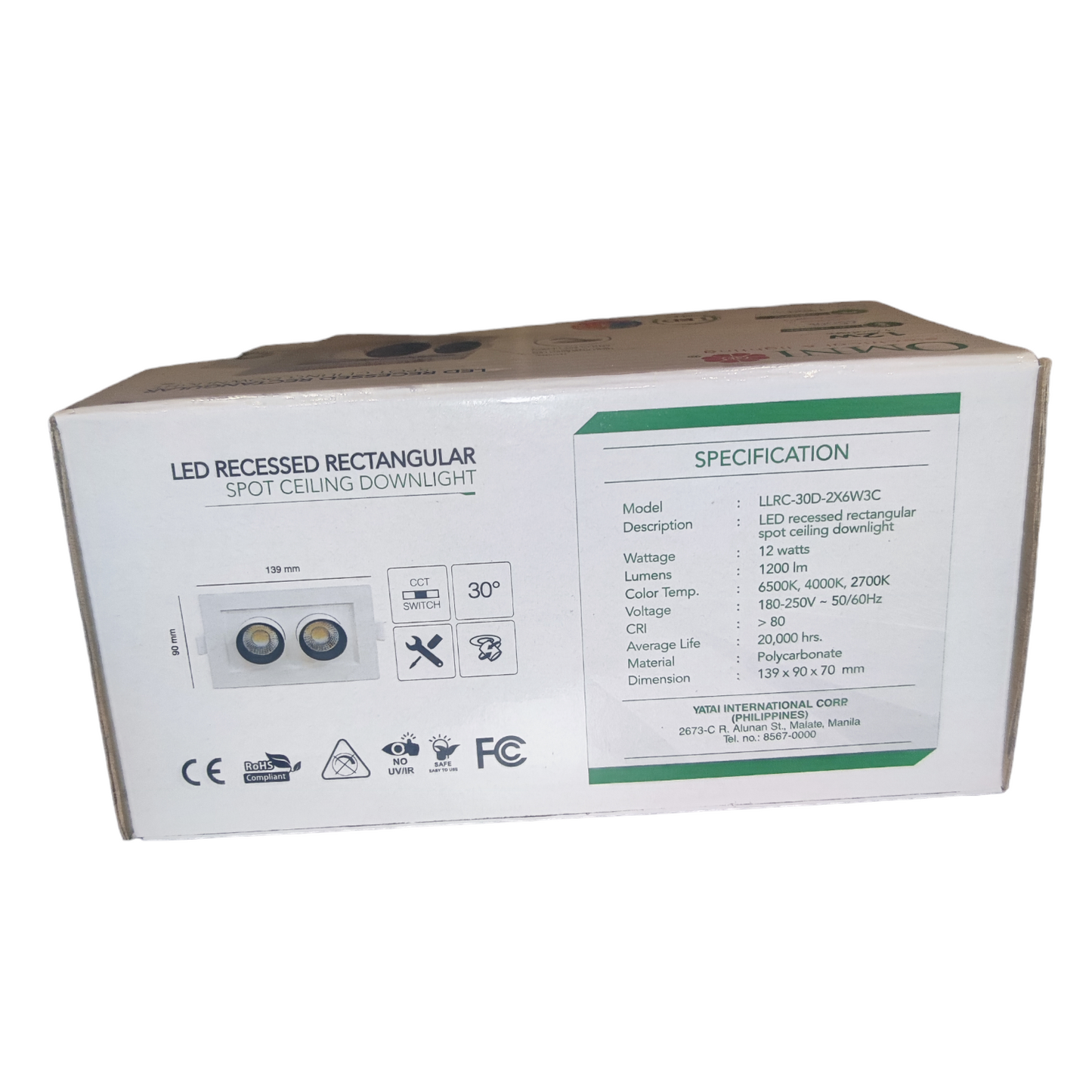Cardboard box packaging for LED recessed rectangular spot ceiling downlight with specifications on a white background.