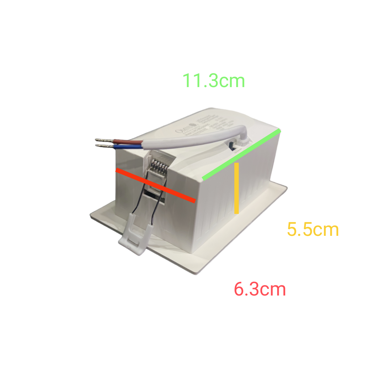 Rectangular electronic component with dimensions labeled on a white background