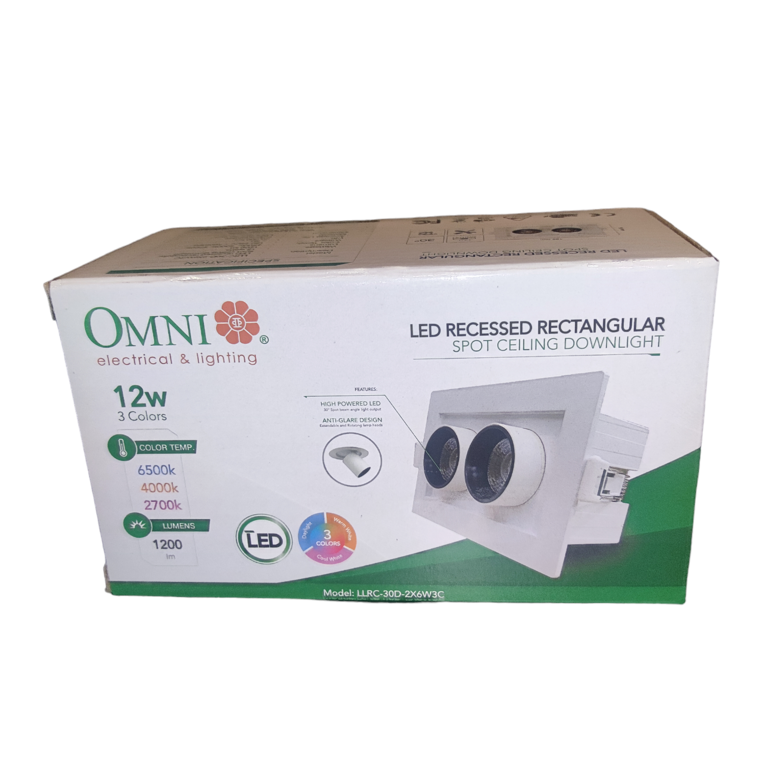 Box of Omni LED recessed rectangular light fixture on a white background