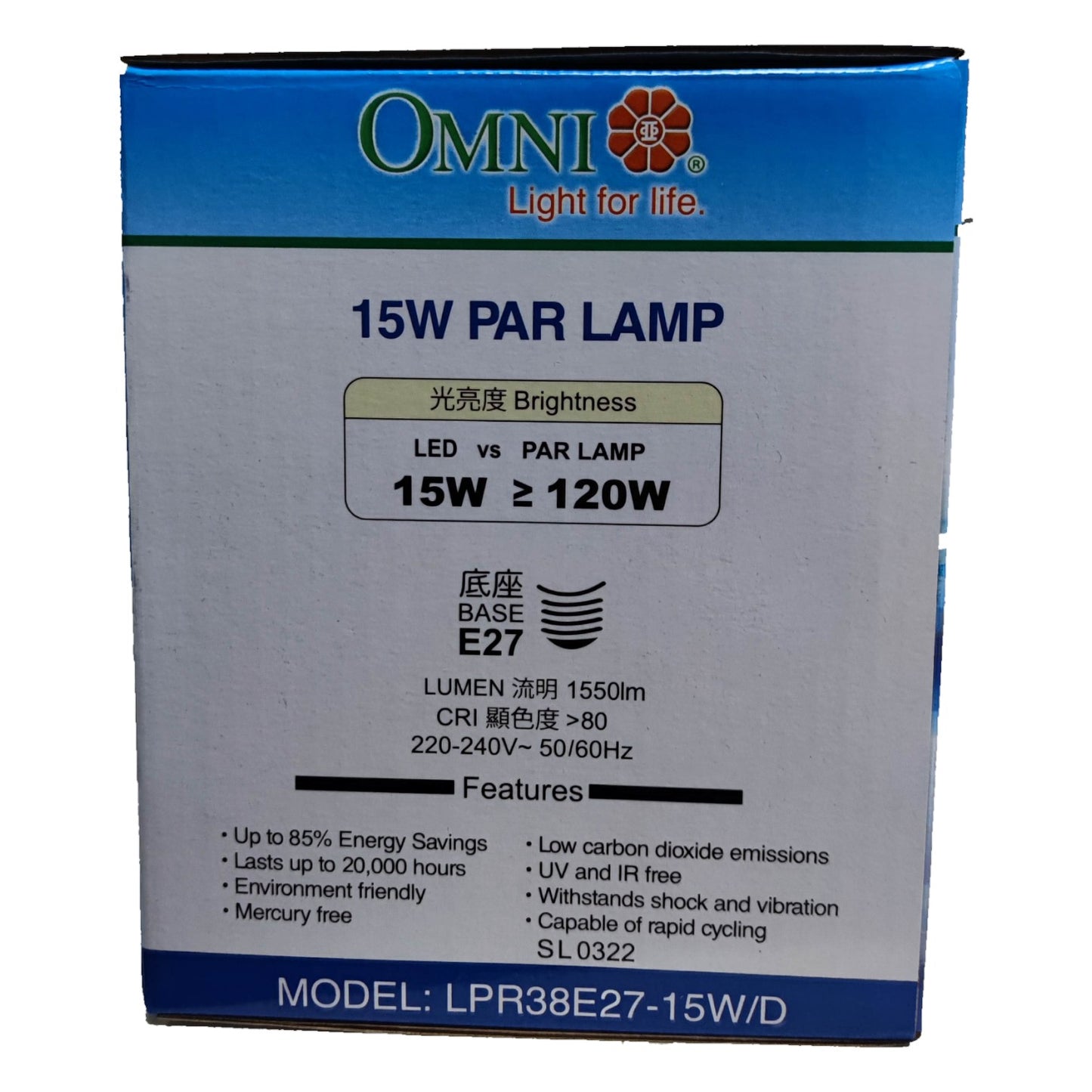 Box of Omni 15W PAR lamp with specifications on a white background