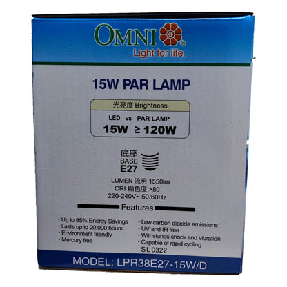 Box of Omni 15W PAR lamp with specifications on a white background