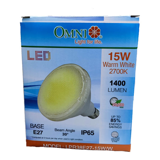 OMNI LED light bulb packaging with specifications on a white background