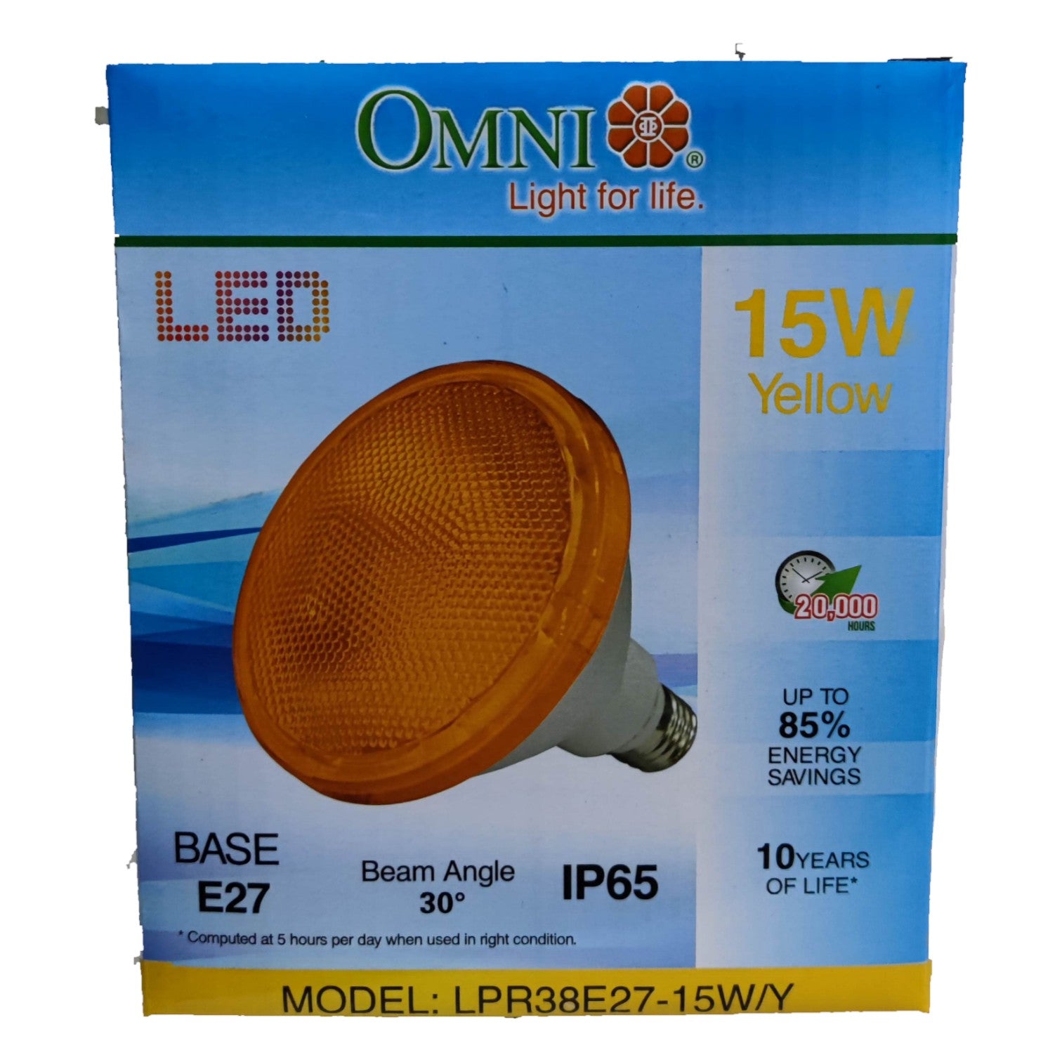 Box of Omni LED yellow light bulb with specifications on a white background