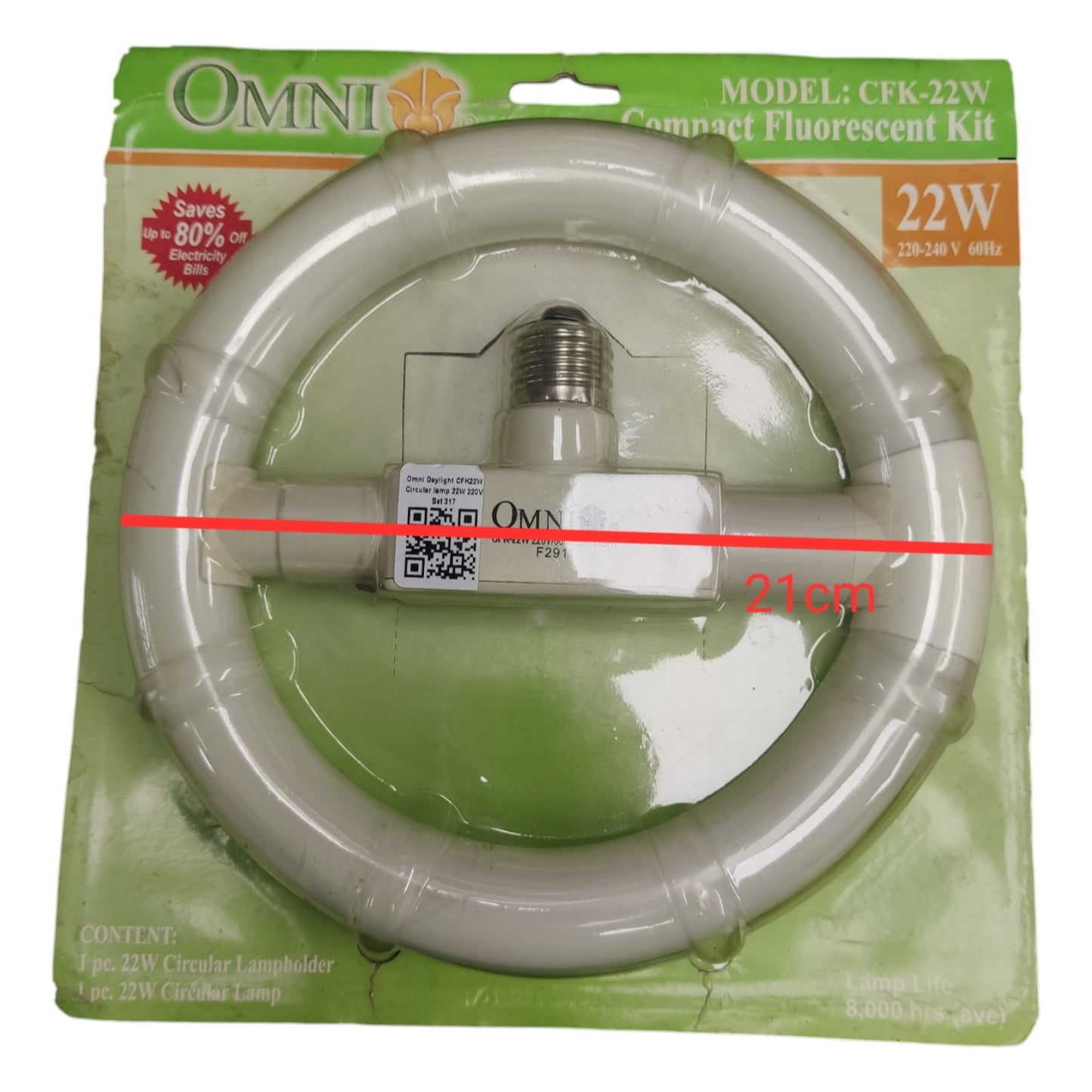 Compact fluorescent light bulb in packaging with Omni branding