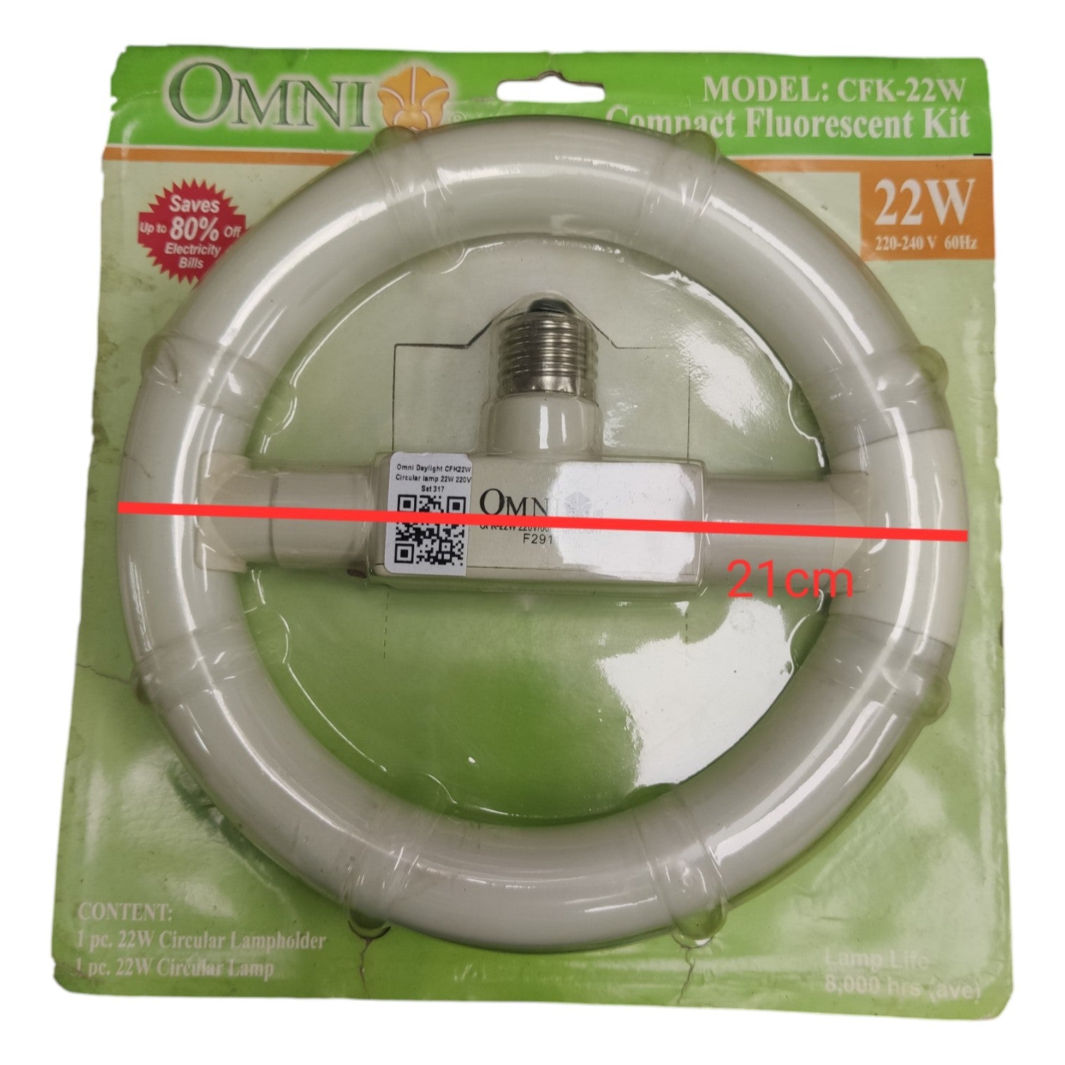 Compact fluorescent light bulb in packaging with Omni branding