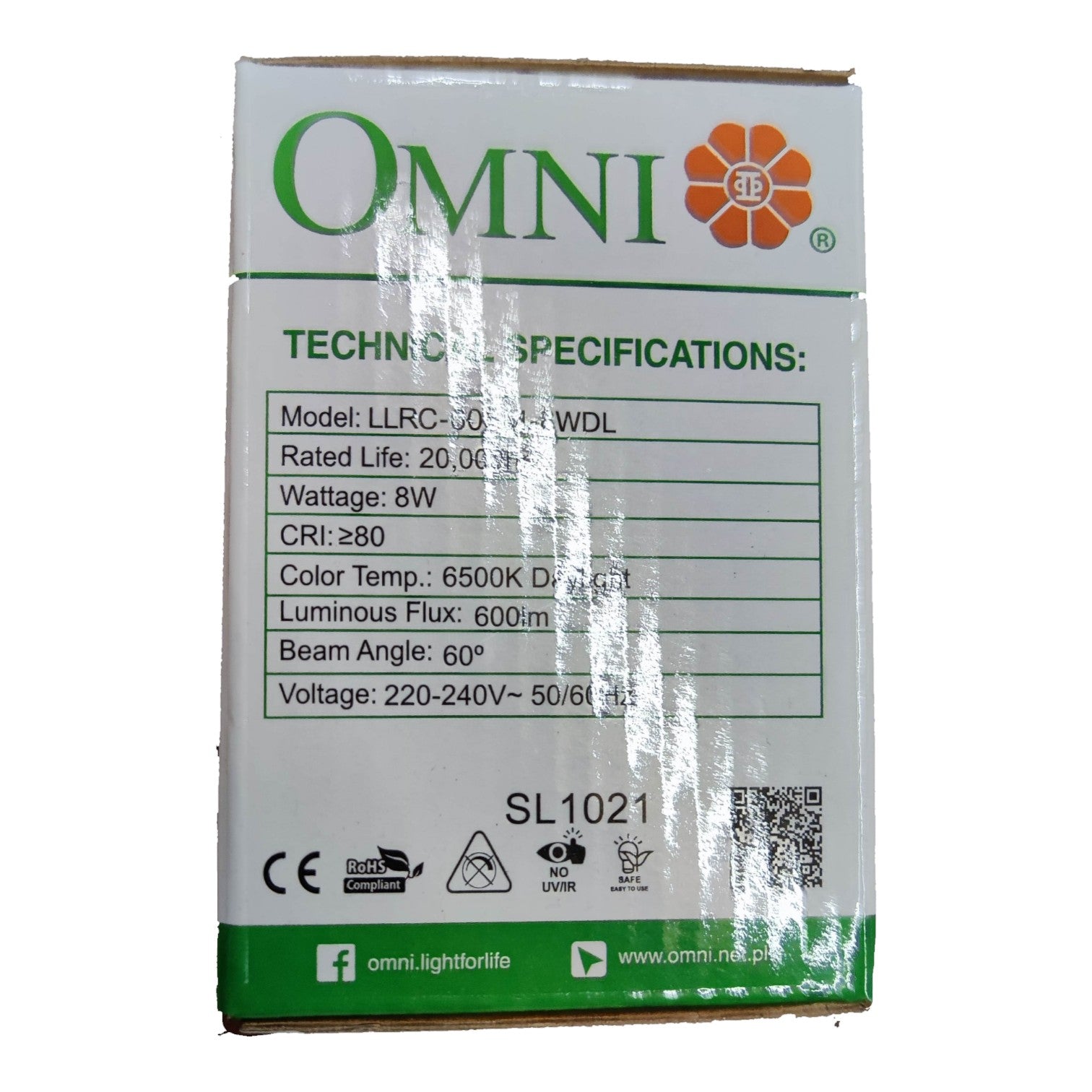 Omni branded packaging with technical specifications on a white background