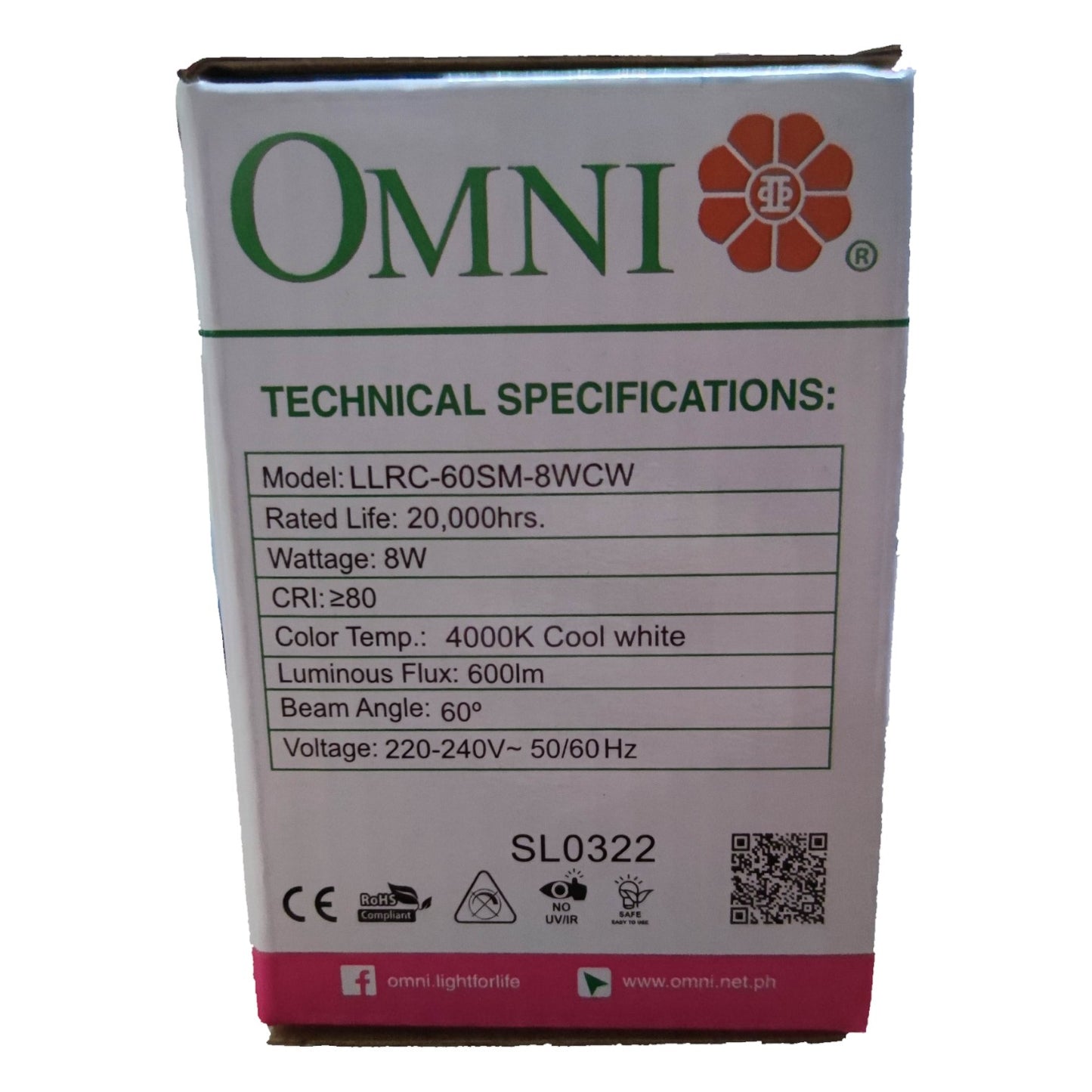 OMNI light bulb packaging with technical specifications on a white background