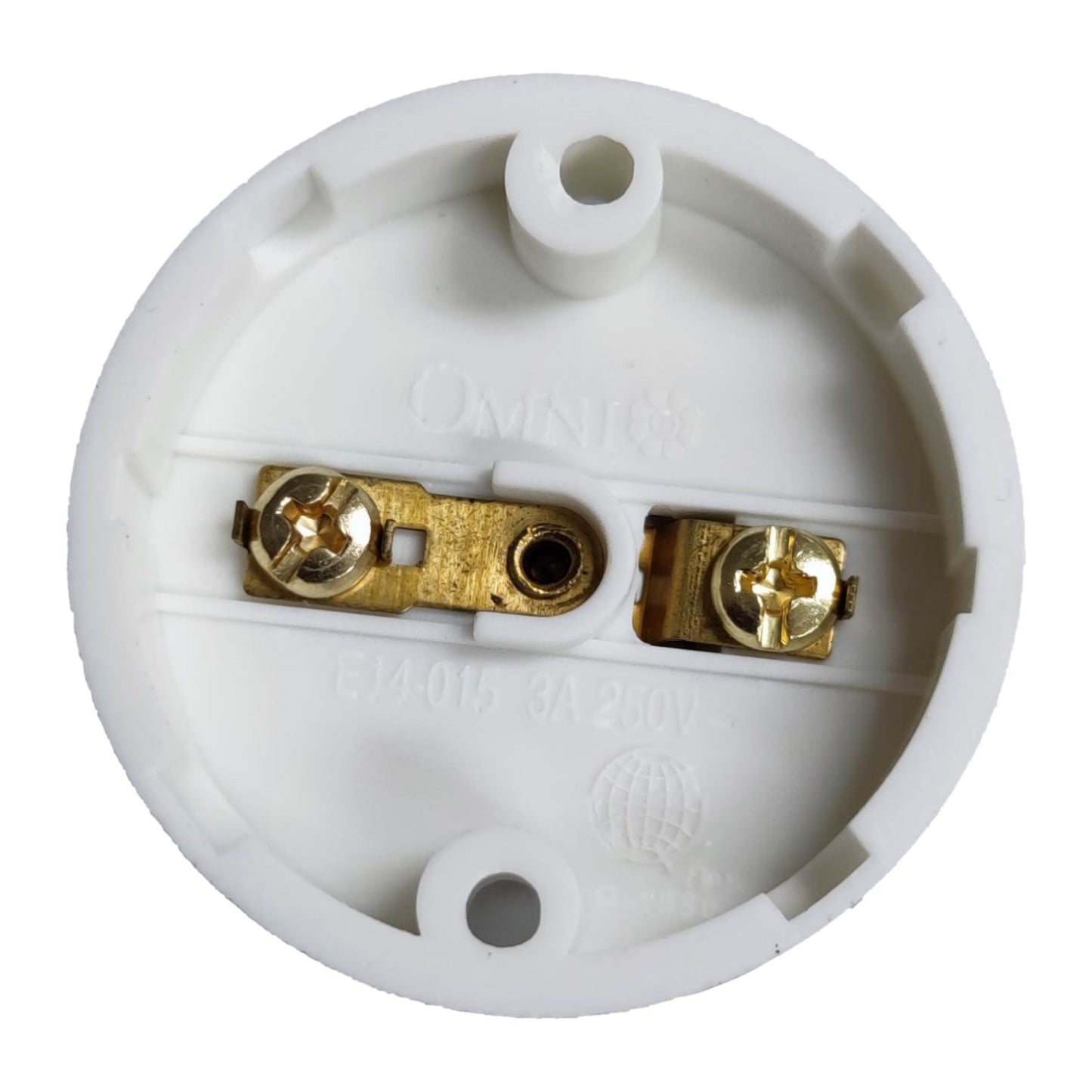 White electrical socket with gold contacts on a white background Omni E-14 Lamp Socket 10A 220V PVC Type Surface Mounted (3PCS) E14-015 Electx Electrical Supply