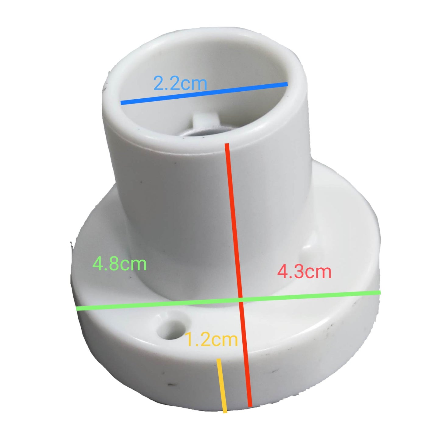 White cylindrical object with measurement markings on a white  Omni E-14 Lamp Socket 10A 220V PVC Type Surface Mounted E14-015 Electx Electrical Supplybackground