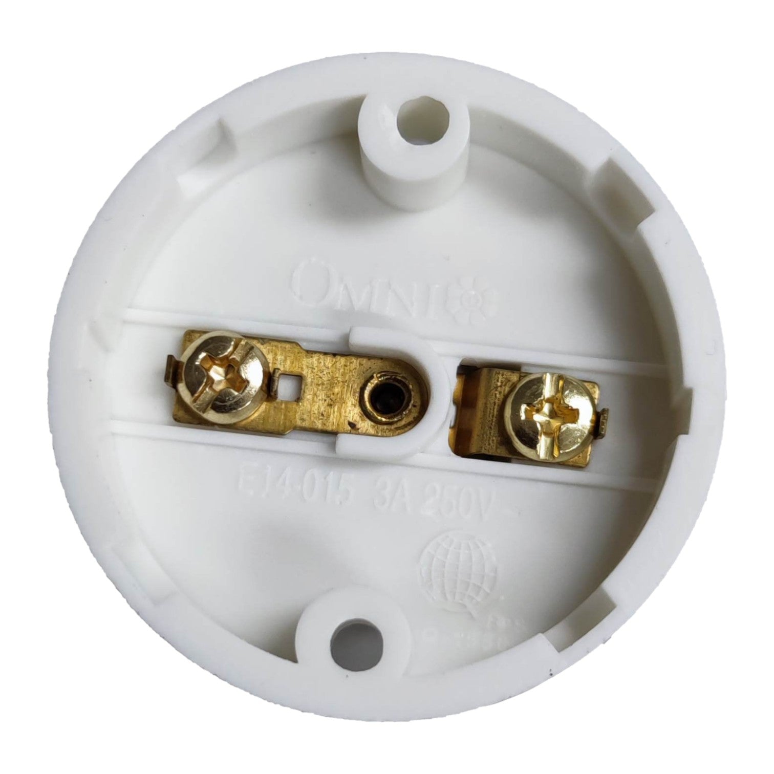 White electrical socket with gold contacts on a white background Omni E-14 Lamp Socket 10A 220V PVC Type Surface Mounted E14-015 Electx Electrical Supply