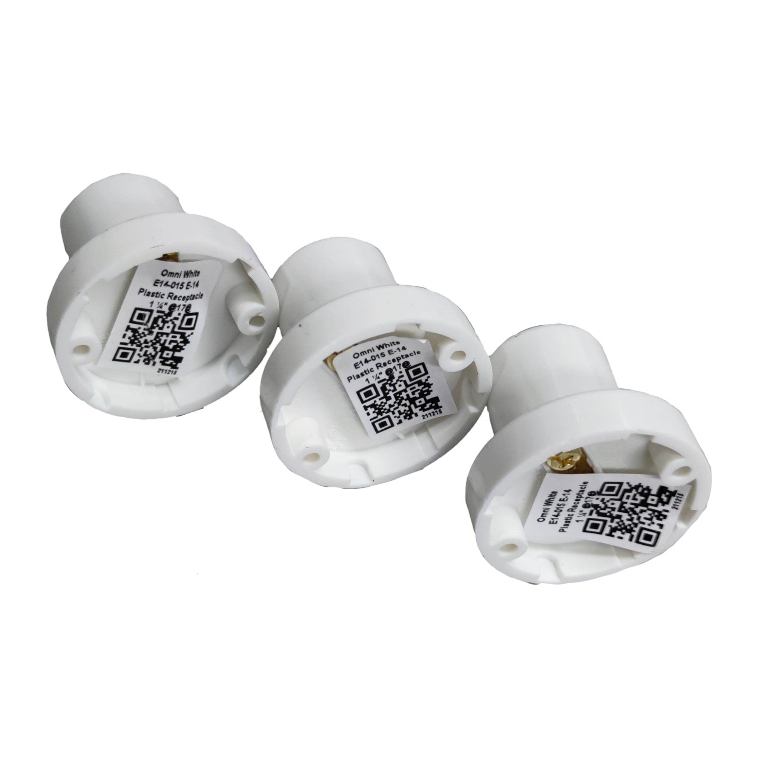 Three white electronic devices with QR codes on a white background Omni E-14 Lamp Socket 10A 220V PVC Type Surface Mounted E14-015 Electx Electrical Supply