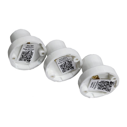 Three white electronic devices with QR codes on a white background Omni E-14 Lamp Socket 10A 220V PVC Type Surface Mounted E14-015 Electx Electrical Supply