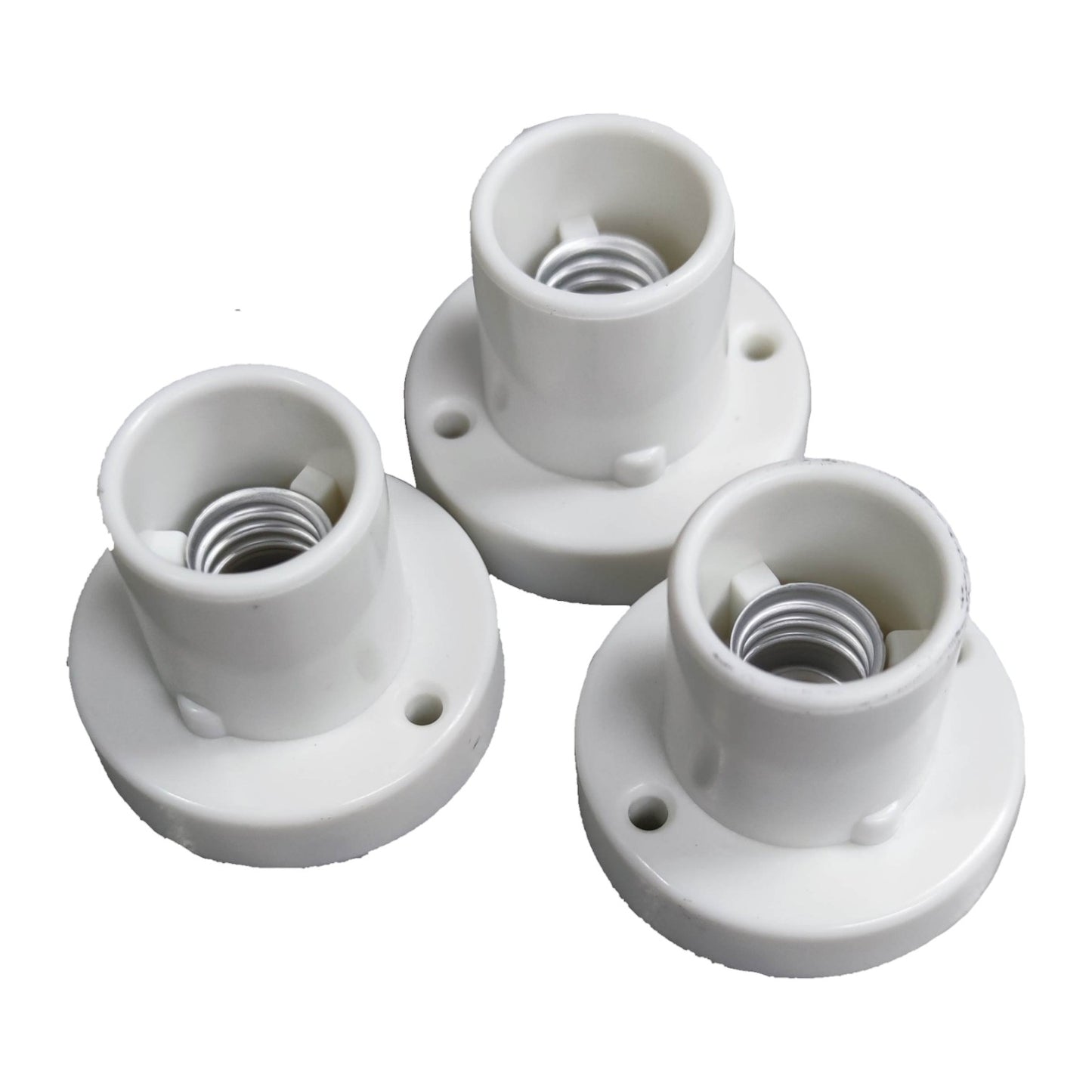 Three white lamp socket bases on a white background Omni E-14 Lamp Socket 10A 220V PVC Type Surface Mounted E14-015 Electx Electrical Supply