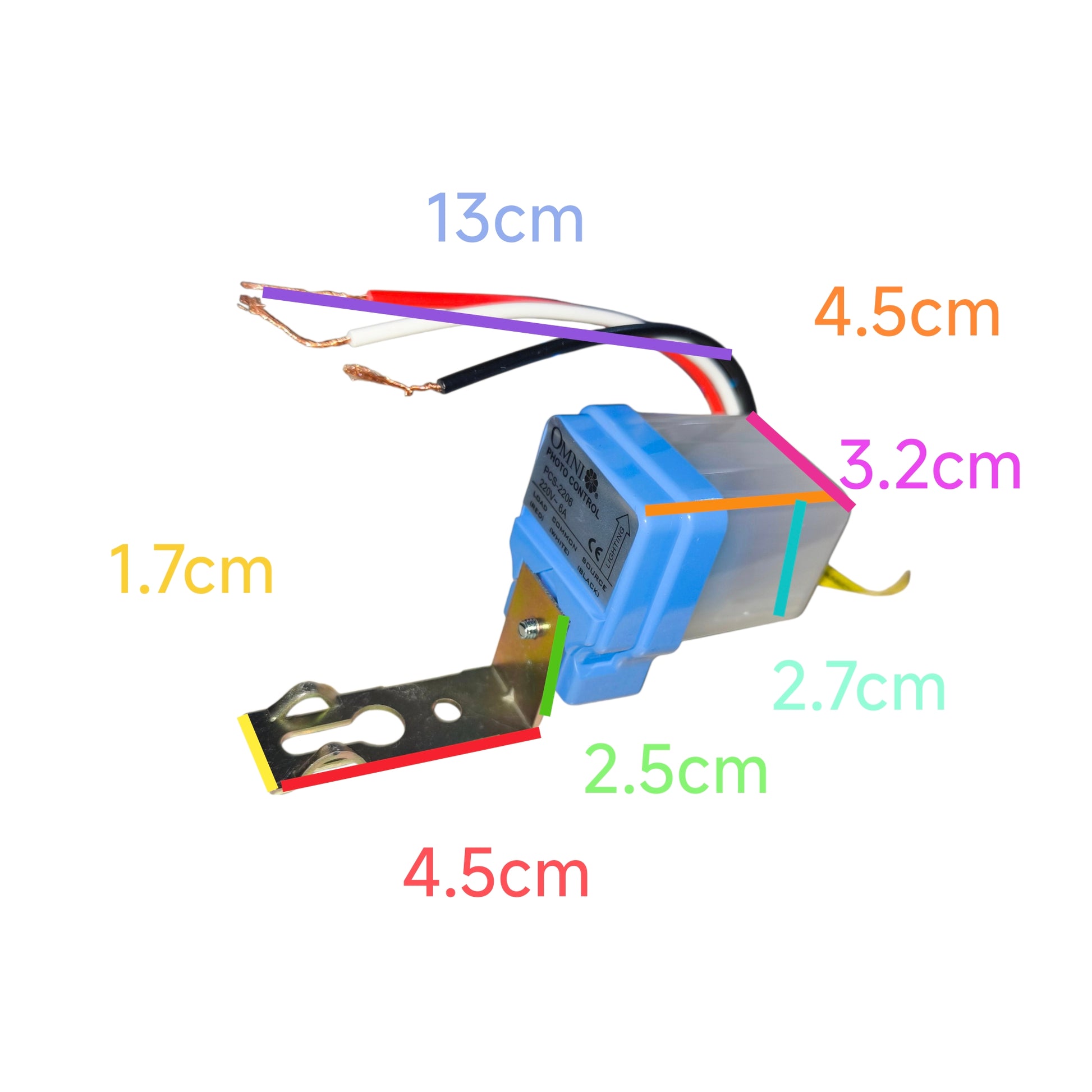 Electrical component with labeled dimensions on a white background