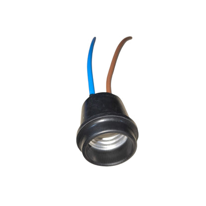 Black light bulb socket with blue and brown wires on a white background