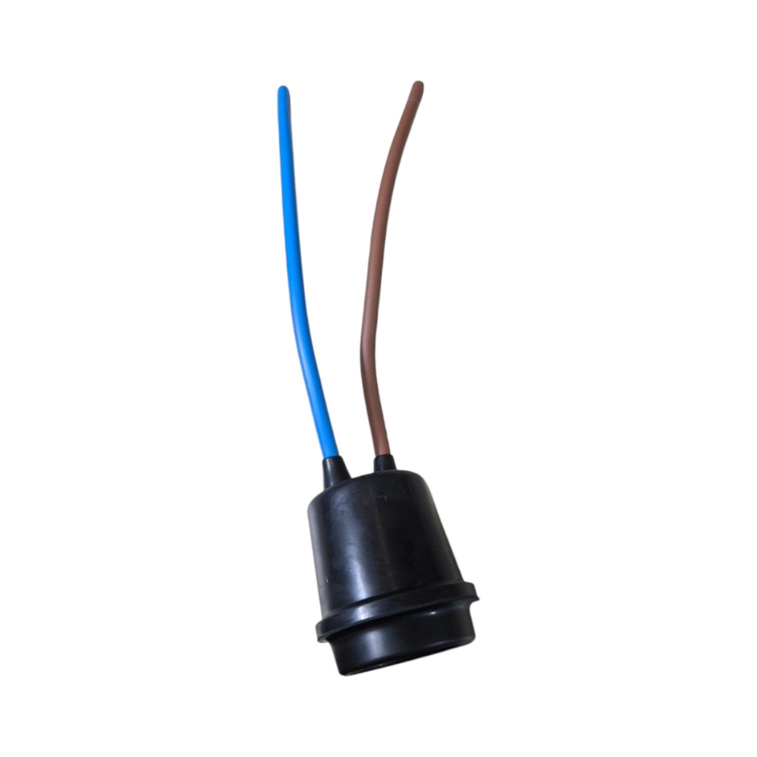 Black lamp holder with blue and brown wires on a white background