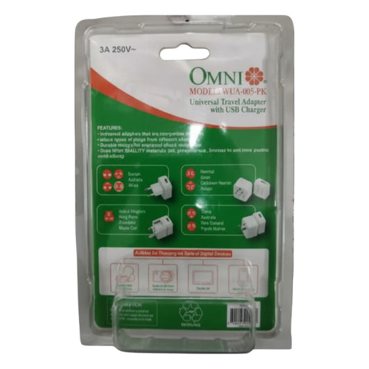 OMNI universal travel adapter with USB charger packaging on a white  Omni Universal Travel Adapter with USB Charger WUA-005-PK 4 Variance Electx Electrical Supplybackground