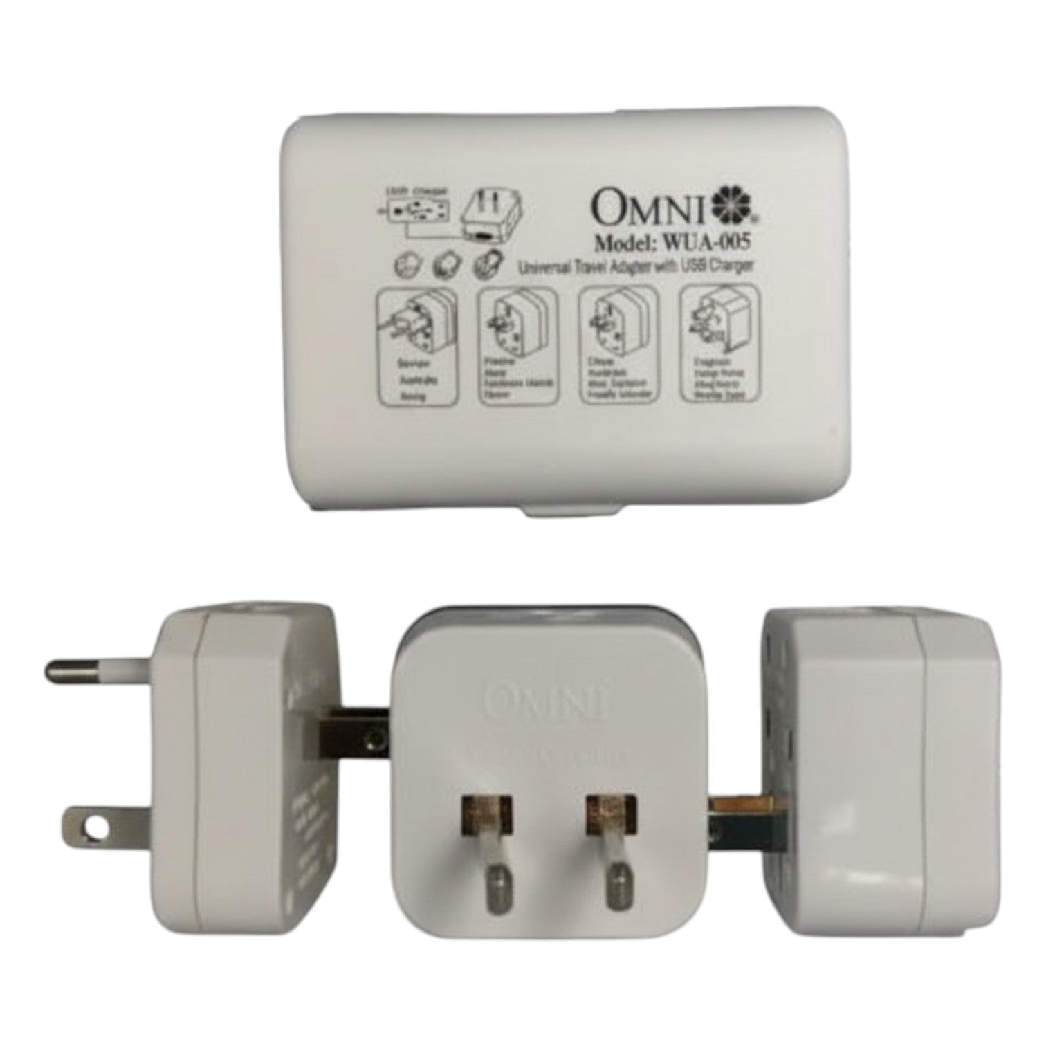 OMNI universal travel adapter with multiple plug sockets on a white background Omni Universal Travel Adapter with USB Charger WUA-005-PK 4 Variance Electx Electrical Supply