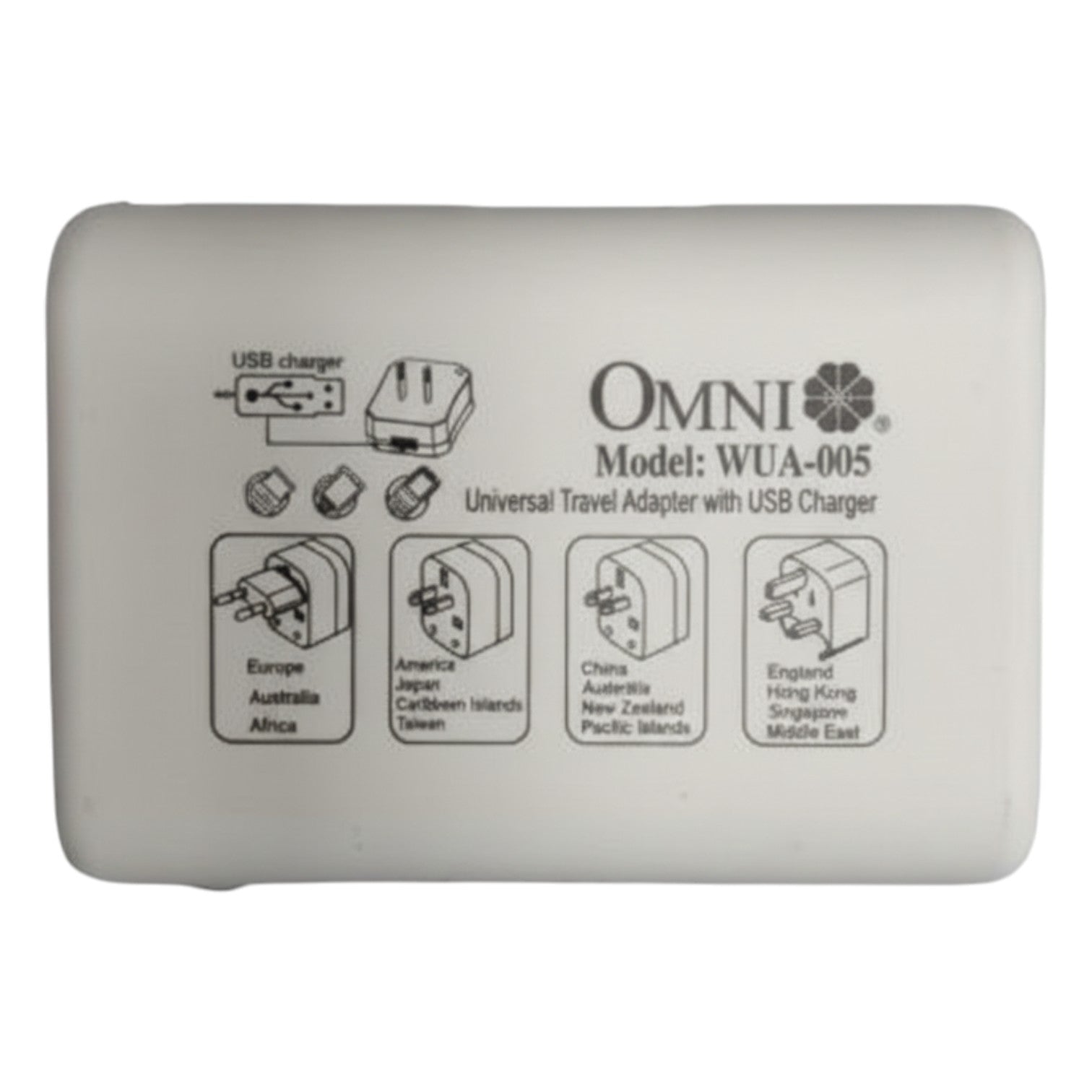 OMNI universal travel adapter with USB charger on a white background Omni Universal Travel Adapter with USB Charger WUA-005-PK 4 Variance Electx Electrical Supply