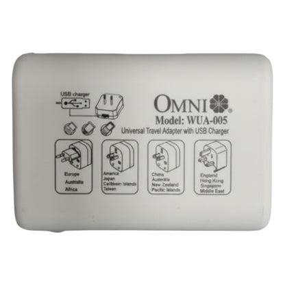 OMNI universal travel adapter with USB charger on a white background Omni Universal Travel Adapter with USB Charger WUA-005-PK 4 Variance Electx Electrical Supply