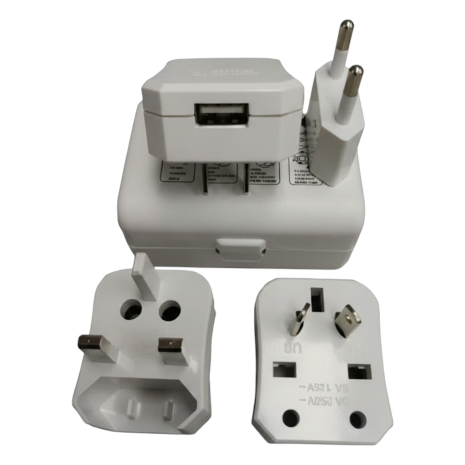 Set of travel adapter with multiple plug types on a white background Omni Universal Travel Adapter with USB Charger WUA-005-PK 4 Variance Electx Electrical Supply