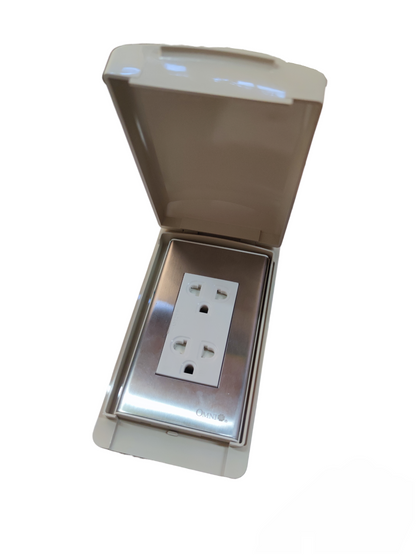 Omni Weatherproof Duplex Universal Outlet 16A 220V with Stainless Plate Cover WPP-602+WWP-113S+WWG-402