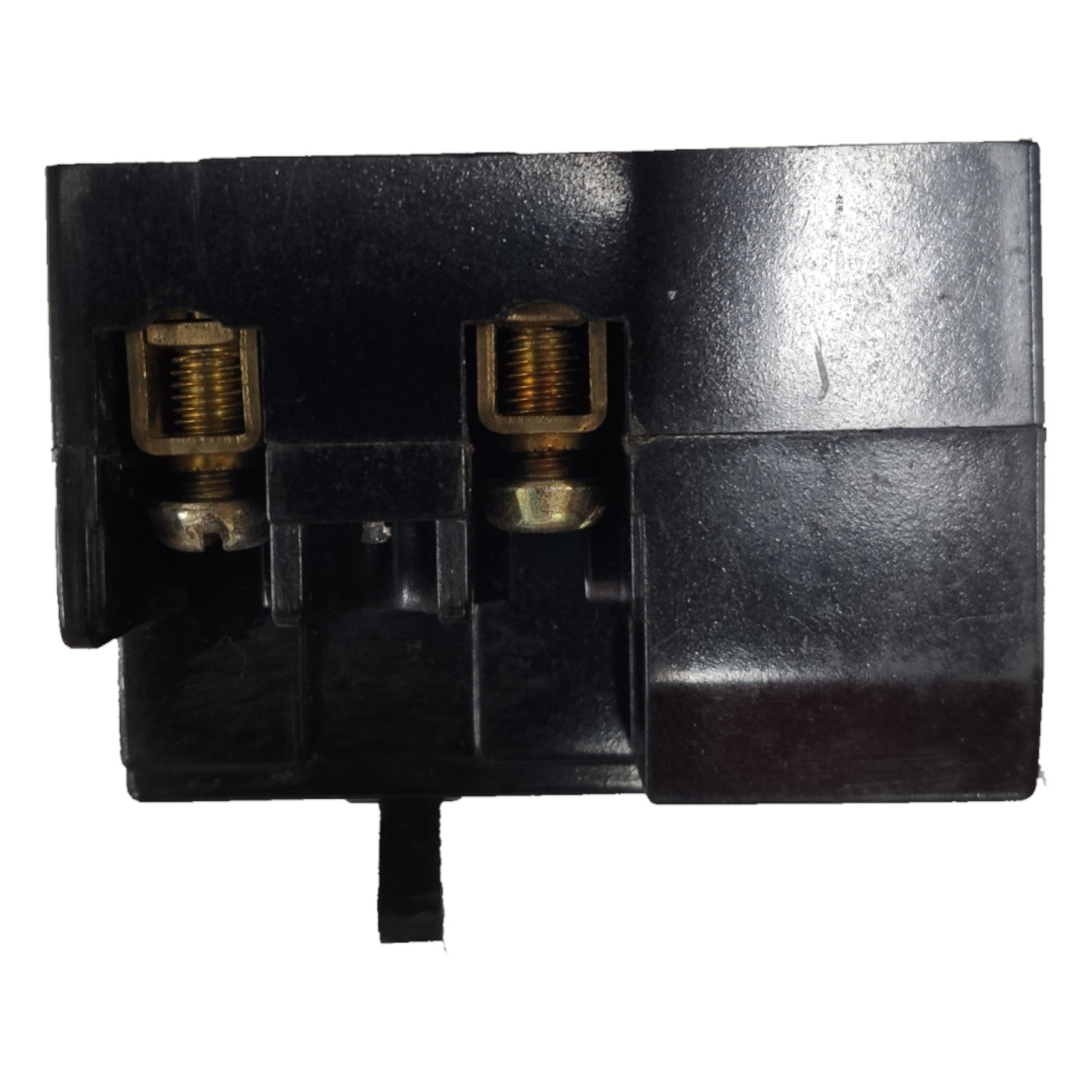 Black relay with brass connectors on a white background