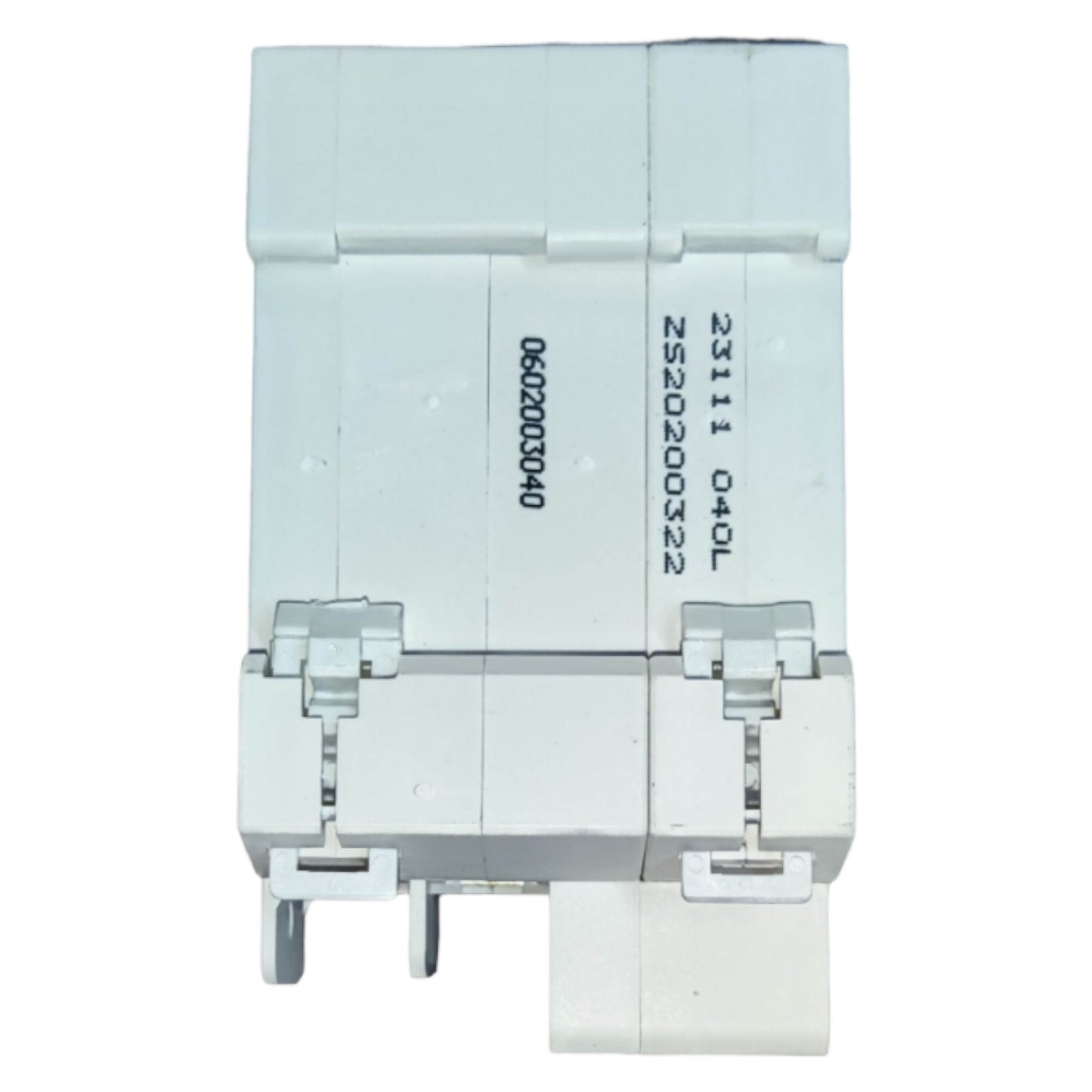 White electrical breaker with metallic contacts on a white background