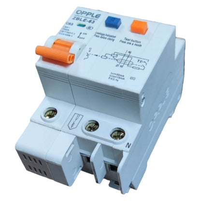 Electrical breaker switch with orange and blue buttons on a white background