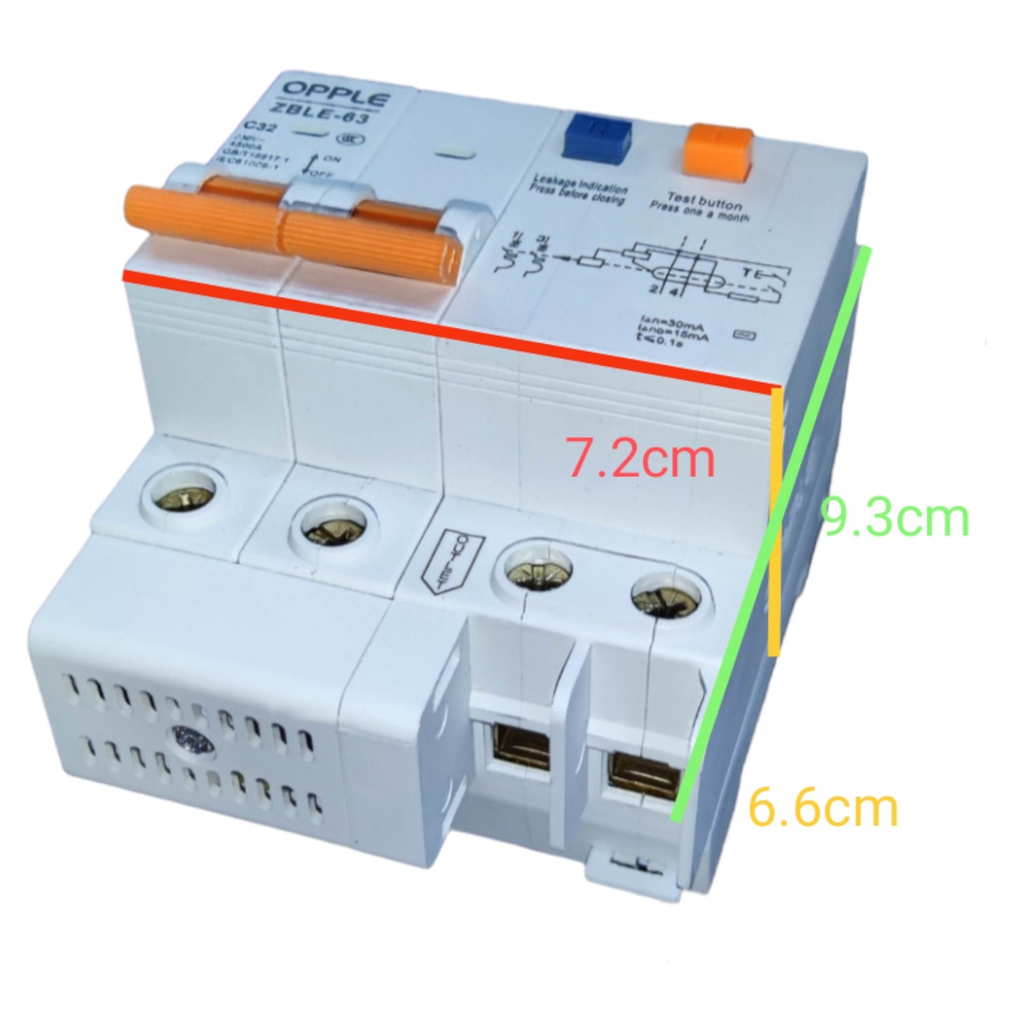 Electrical breaker panel with dimensions labeled on a white background