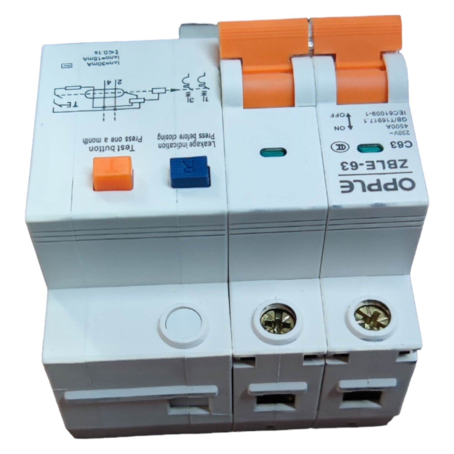 Electrical circuit breaker with orange and blue buttons on a white background