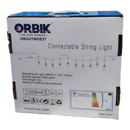 Orbik String Lights E27 1W LED Warm White 30 Feet Weather Proof OBOUTWDE27 Outdoor String Light 10 Sockets with 1W LED Warm White
