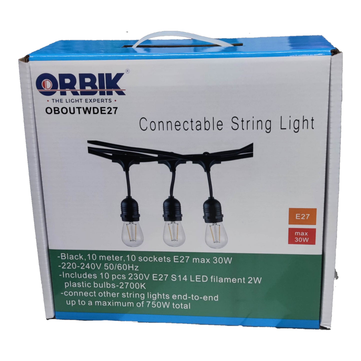 Orbik String Lights E27 1W LED Warm White 30 Feet Weather Proof OBOUTWDE27 Outdoor String Light 10 Sockets with 1W LED Warm White