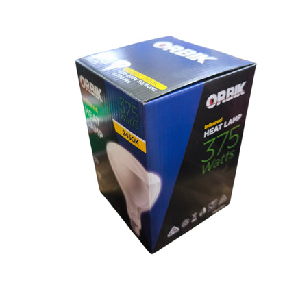 Orbik heat lamp packaging with blue and black design on a white background