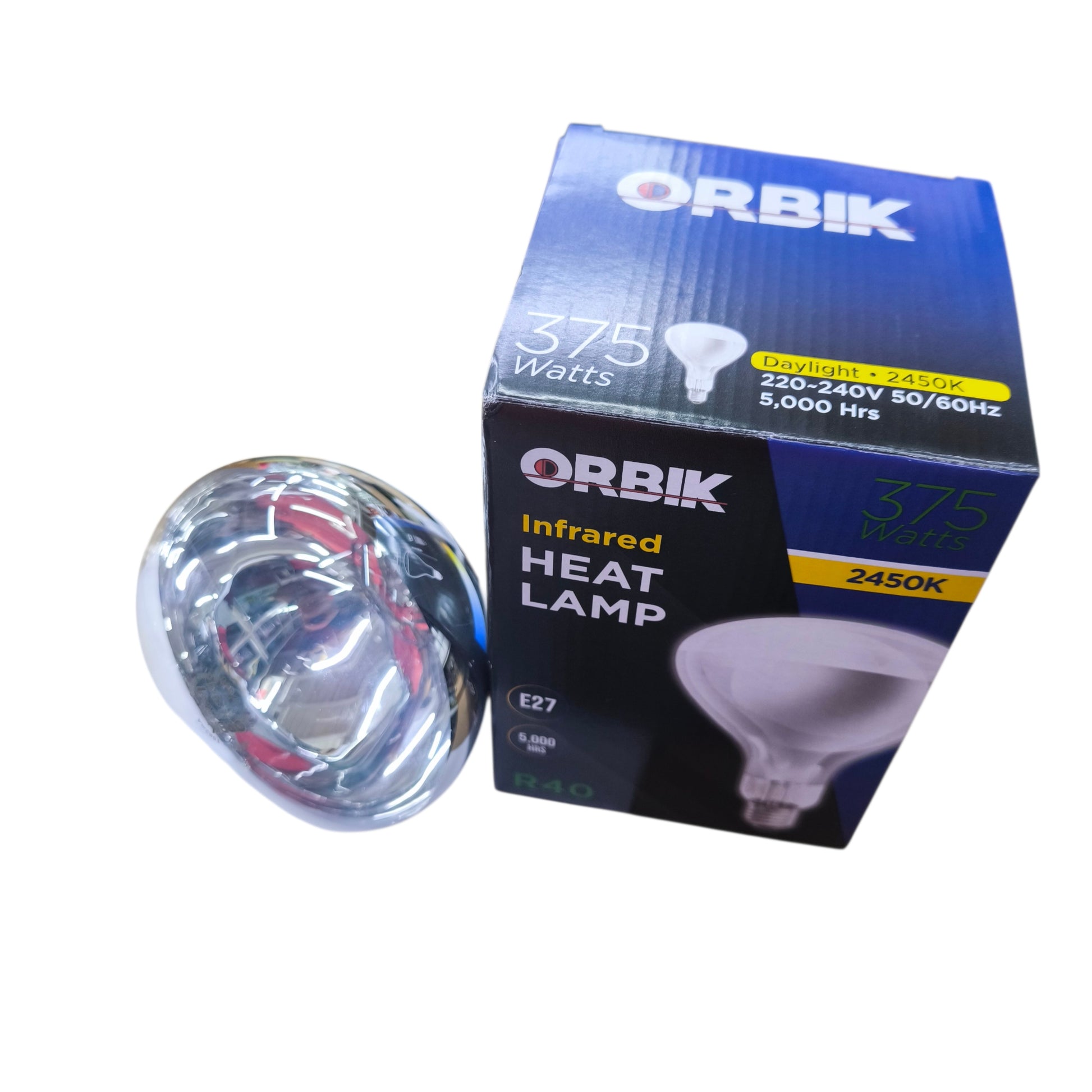 Orbik infrared heat lamp with packaging on a white background
