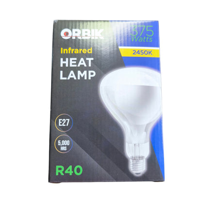 Orbik infrared heat lamp packaging on a white background