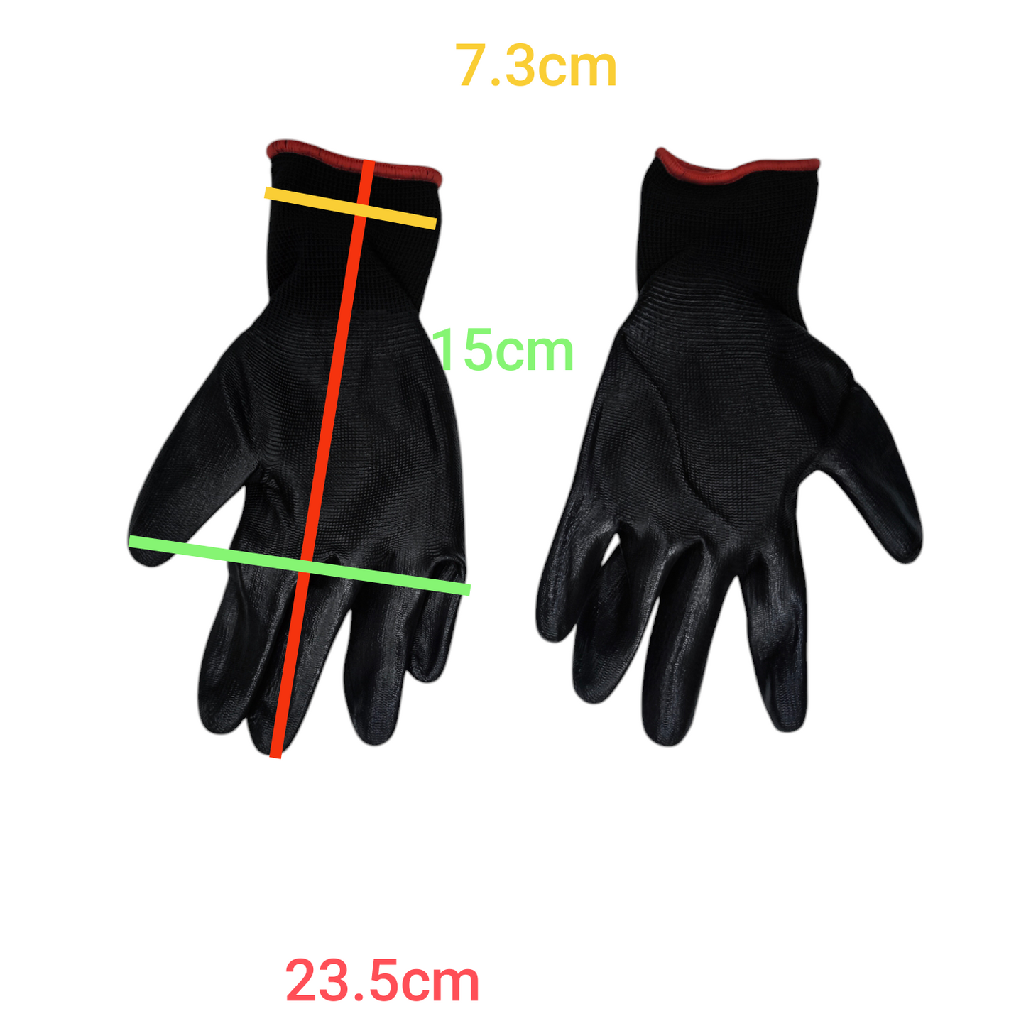 Black gloves with measurements on a white background Pair Insulated Short Sleeve Gloves Spandex with Rubber Coated Palm Side Electx Electrical Supply 3