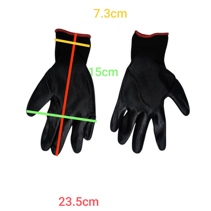 Black gloves with measurements on a white background Pair Insulated Short Sleeve Gloves Spandex with Rubber Coated Palm Side Electx Electrical Supply 3
