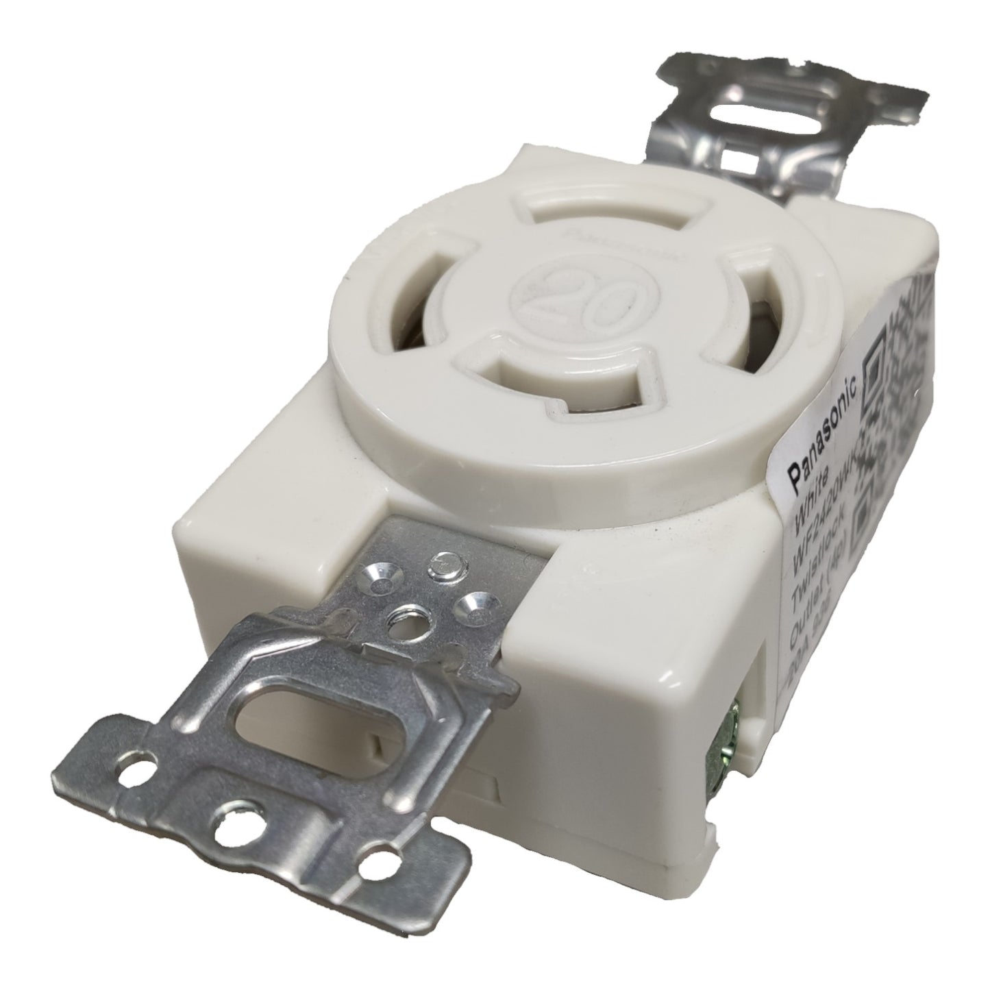 White electrical component with metal brackets on a white background Panasonic 20A Twist Lock Outlet 3P+E (4P) 250V (ML-3) WF2420 Twistlock Electx Electrical Supply