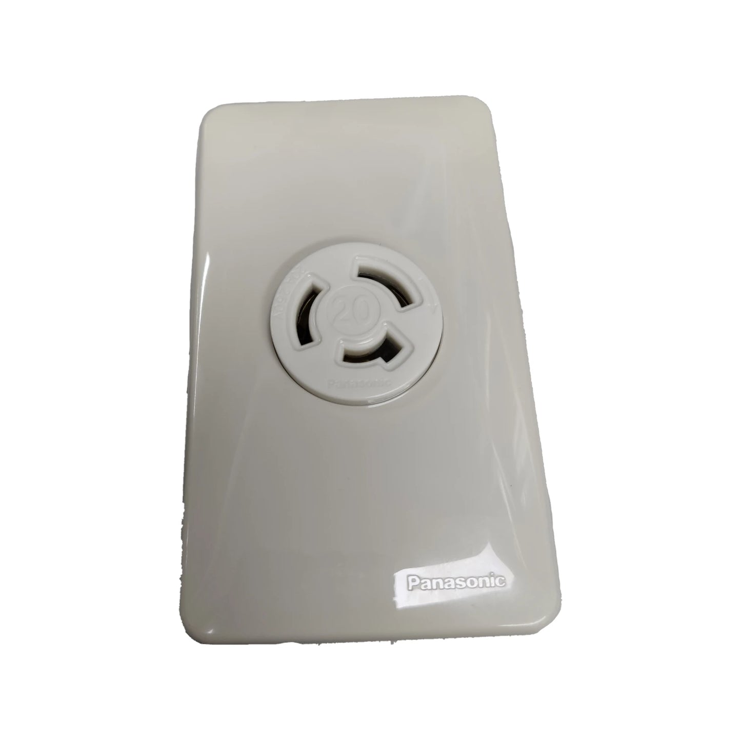 Gray electronic device with a circular vent and Panasonic logo on a white background Panasonic 20A Twist Lock Outlet with Plate Cover 2P+E (3P) 250V (ML-3) WF2320 and WNF6253W-8, Twistlock Outlet with Plate Cover