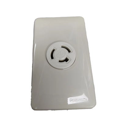Gray electronic device with a circular vent and Panasonic logo on a white background Panasonic 20A Twist Lock Outlet with Plate Cover 2P+E (3P) 250V (ML-3) WF2320 and WNF6253W-8, Twistlock Outlet with Plate Cover