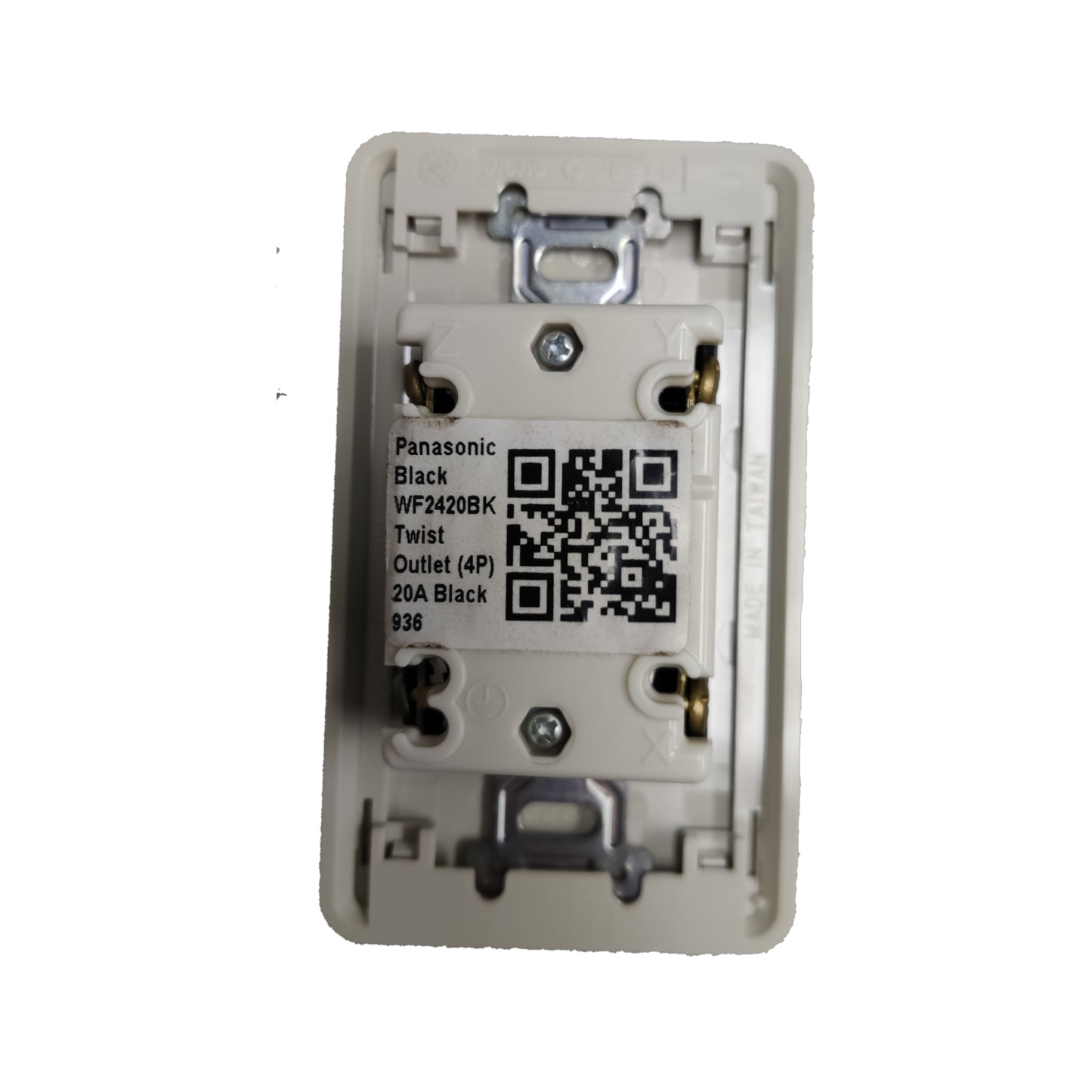 Panasonic electrical outlet faceplate with QR code on a white background Panasonic 20A Twist Lock Outlet with Plate Cover 3P+E (4P) 250V (ML-3) WF2420BK and WNF6254W-8 Twistlock