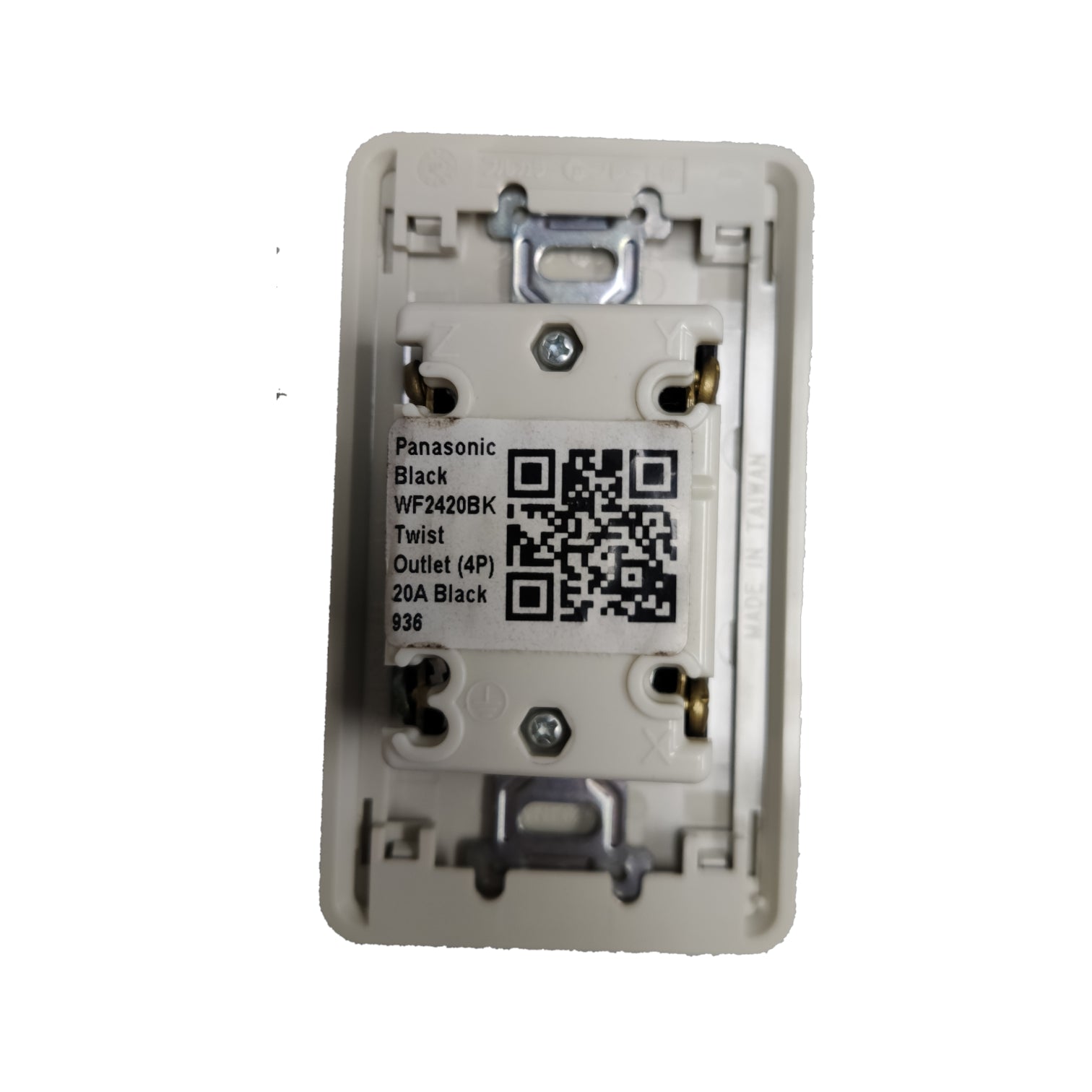 Panasonic electrical outlet faceplate with QR code on a white background Panasonic 20A Twist Lock Outlet with Plate Cover 3P+E (4P) 250V (ML-3) WF2420BK and WNF6254W-8 Twistlock